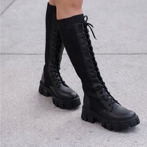 Call it Spring Chunky Black Lace-Up Knee-High Boots 7M Y2K
